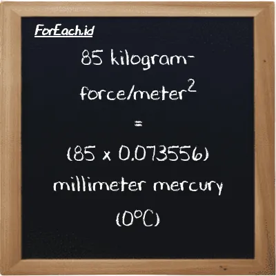 How to convert kilogram-force/meter<sup>2</sup> to millimeter mercury (0<sup>o</sup>C): 85 kilogram-force/meter<sup>2</sup> (kgf/m<sup>2</sup>) is equivalent to 85 times 0.073556 millimeter mercury (0<sup>o</sup>C) (mmHg)
